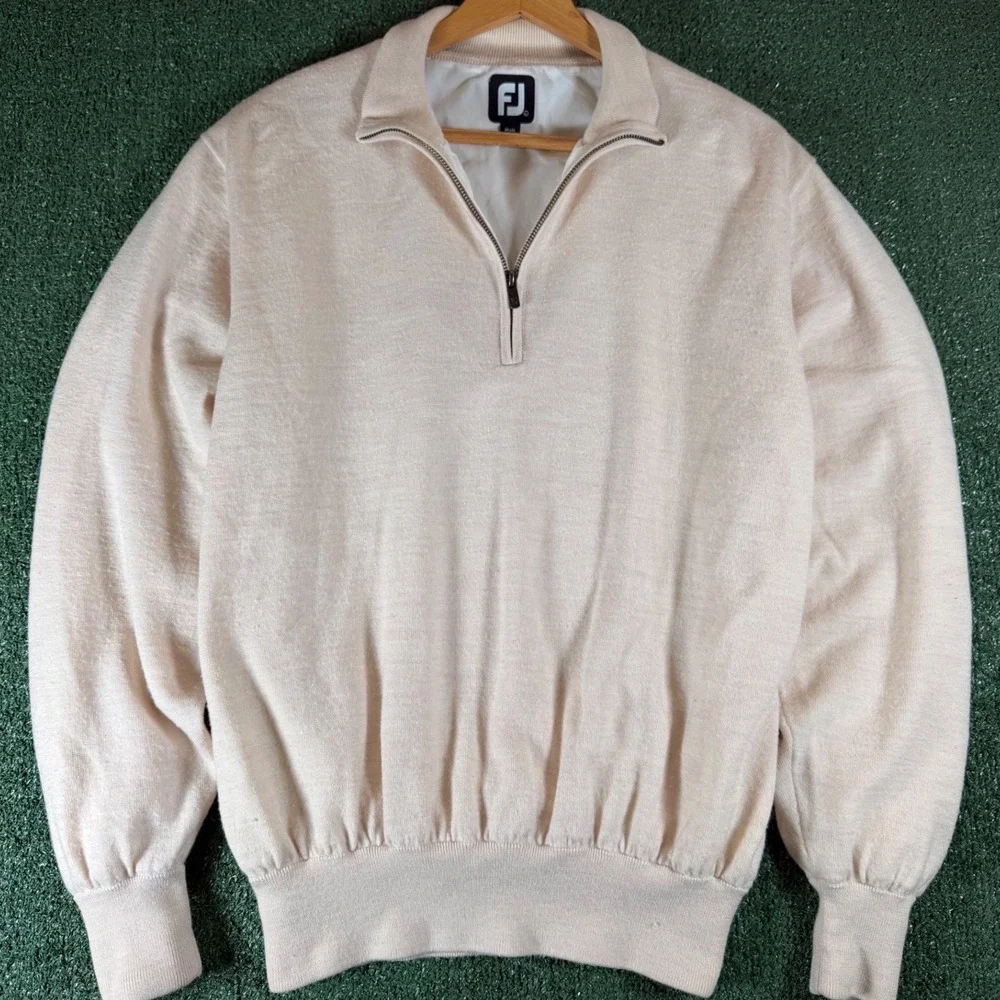 FootJoy Quarter Zip Sweater Mens Large Cream Good Wool Lined Golf Pullover